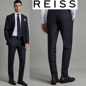 REISS Nano Plaid Slim Dress Pants 32 Blue Tailored Stretch Mens Trousers